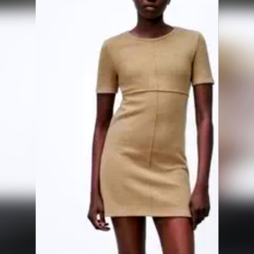 Zara Tan Sheath Mini Knitt Dress Short Sleeve Crew Neck